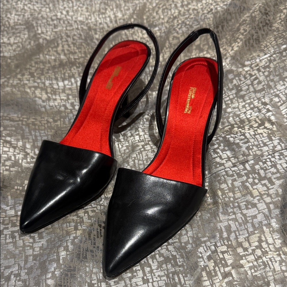 Diane Von Furstenberg Black and Red Slingback Heels 37.5 7.5 EUC.
